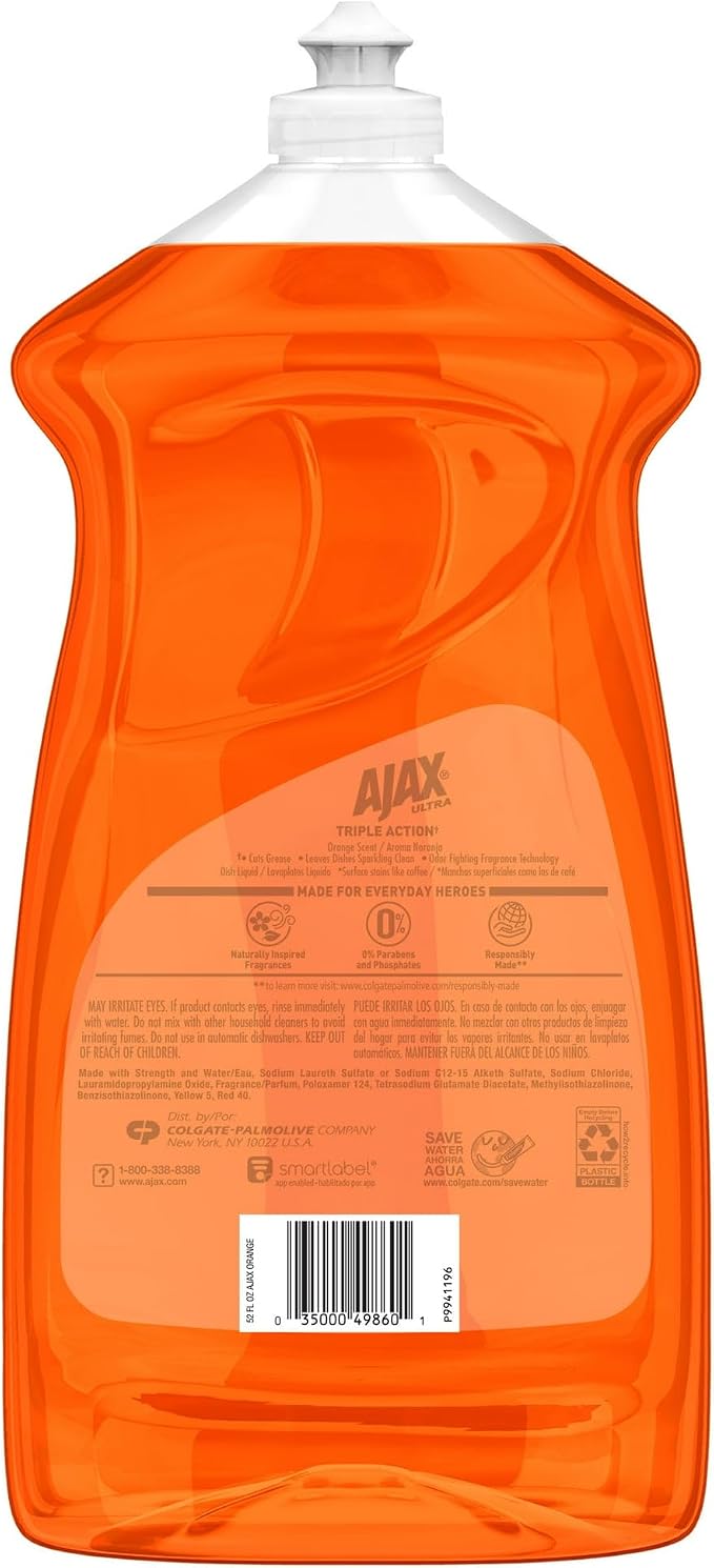 Ajax Triple Action Grease Cutting Dish Soap, Orange Scent, 52 Fl Oz bundled with Scotch Brite Heavy Duty Sponge