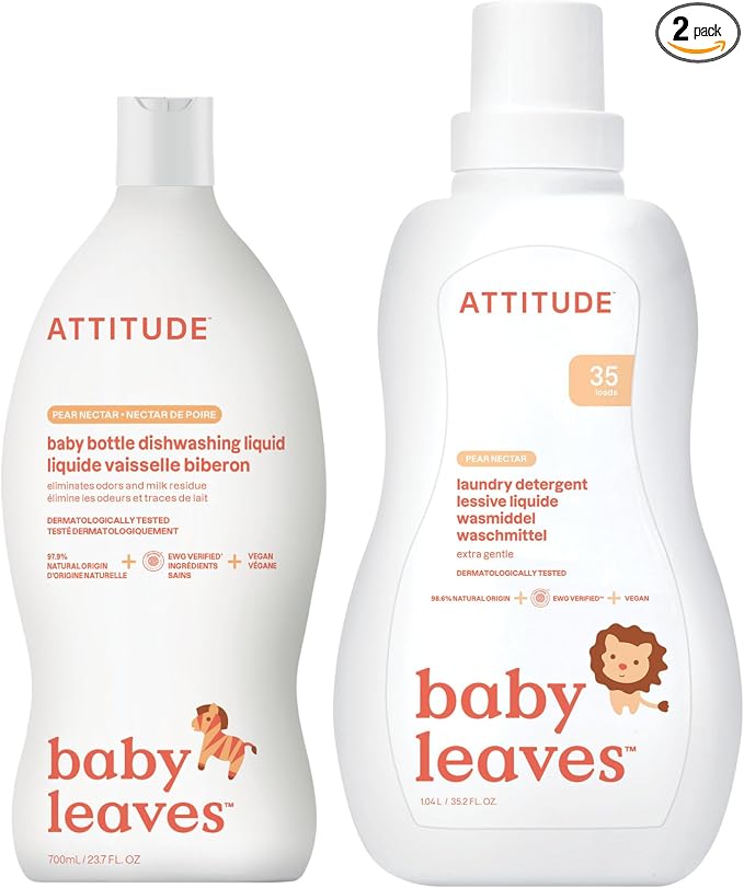 Bundle of ATTITUDE Baby Dish Soap and Bottle Cleaner, EWG Verified, Pear Nectar, 23.7 Fl Oz + Baby Laundry Detergent, HE Compatible, Pear Nectar, 35 Loads, 35.5 Fl Oz