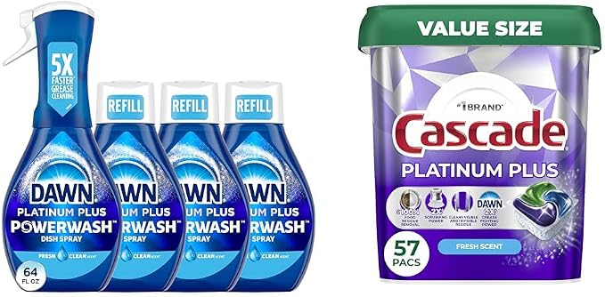 Bundle of Dawn Platinum Powerwash Dish Spray, Dish Soap, Fresh Scent Bundle, 1 Spray (16oz) + 3 Refills (16oz each)+ Cascade Platinum Plus Dishwasher Pods, Fresh Scent, 57 Count