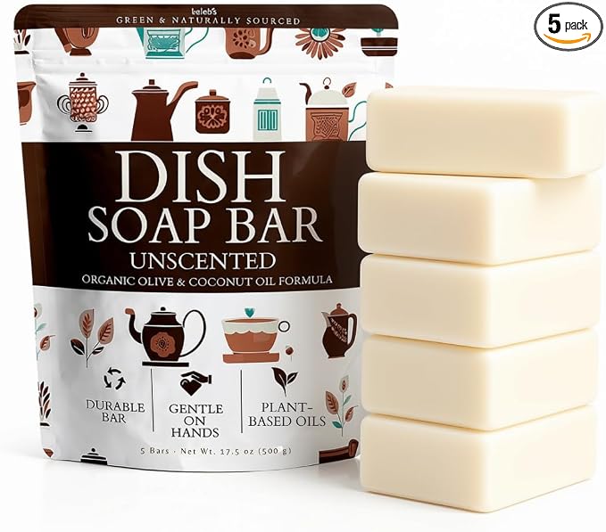KELEBS Unscented Natural Dish Soap Bar, Organic Coconut, Non-Toxic, 5-Pack