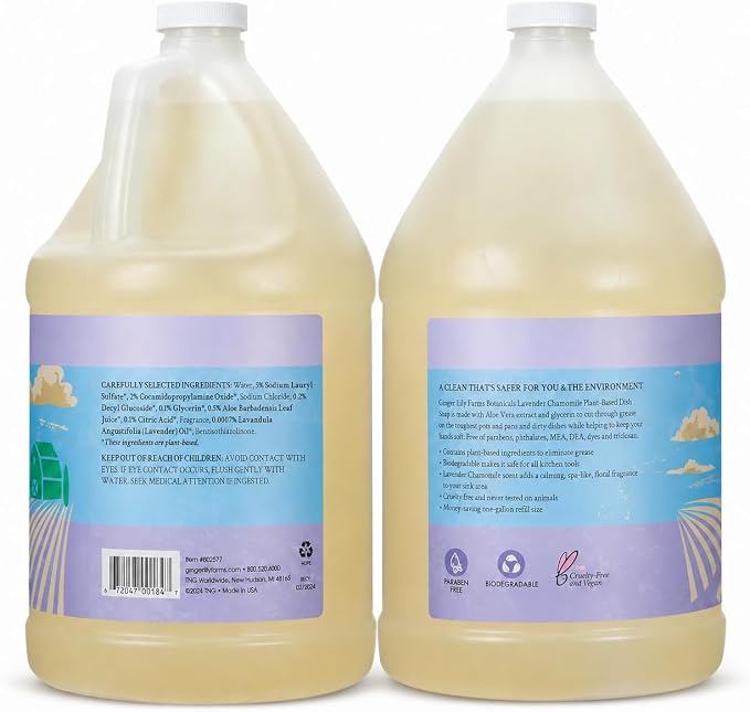 Ginger Lily Farms Botanicals Plant-Based Liquid Dish Soap, Concentrated Formula with Max Grease Cleaning Power, Cruelty-Free, Lavender Chamomile Scent, 1 Gallon (Pack of 4)