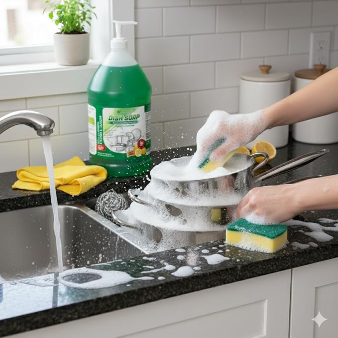 GreenFist Dish Soap Ultimate Kitchen Kit – Pump, Towel, Sponges & Scrubbers, Complete Cleaning Bundle – 1 Gallon, Lemon Scent (1 Gallon + Ultra Scrubber & Sponge)