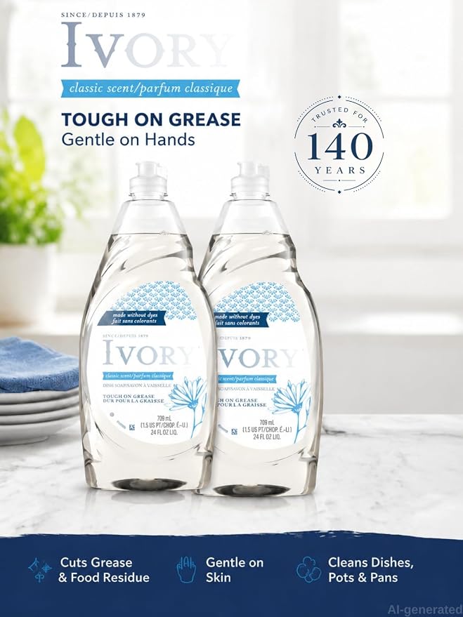 Dish Soap,Classic Scent,24 fl oz 2 Pack | Dishwashing Liquid is gentle on hands yet tough on grease, deep cleans dishes, pots/pans, versatile kitchen use, 2 pack value