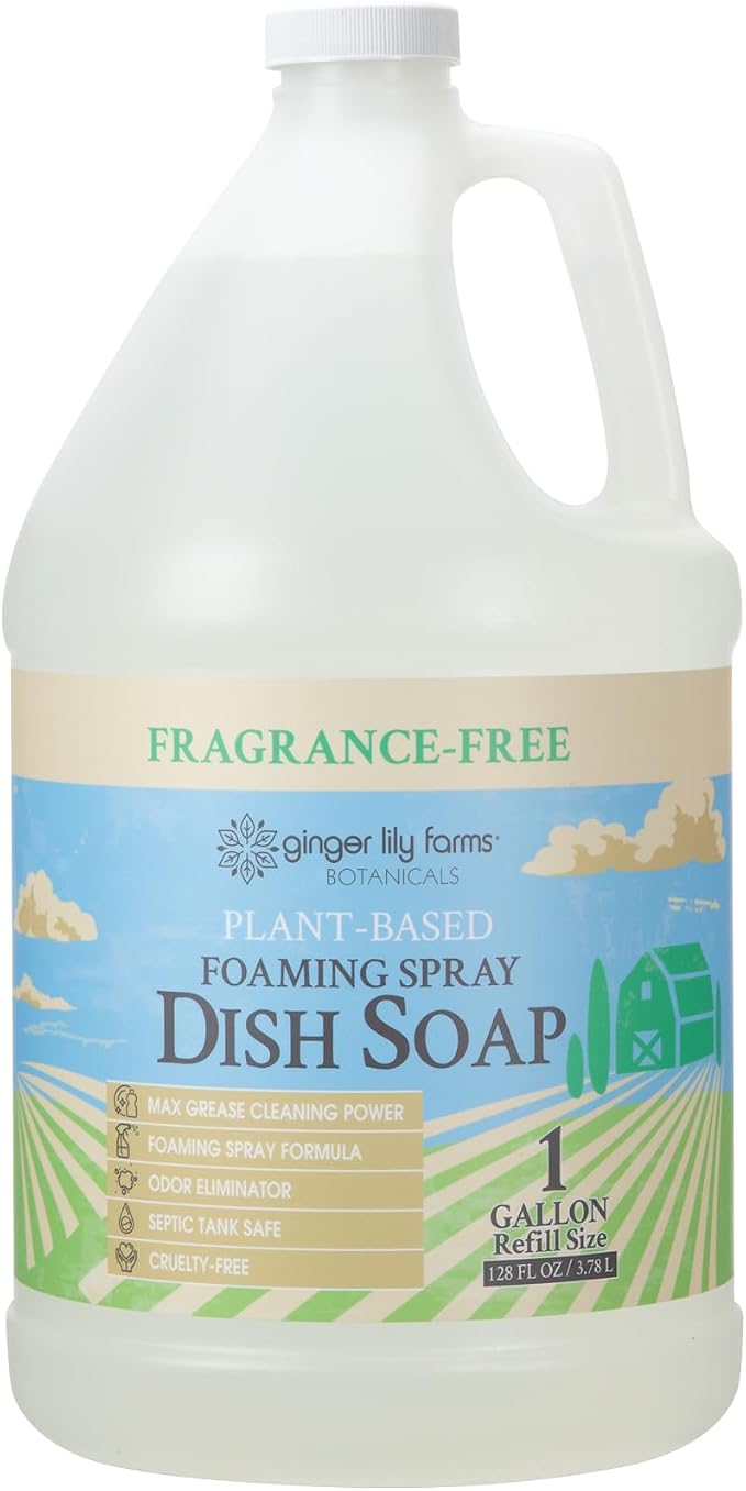 Ginger Lily Farms Botanicals Plant-Based Foaming Spray Dish Soap, Concentrated Formula with Max Grease Cleaning Power, Cruelty-Free, Fragrance-Free, 1 Gallon (Pack of 4)