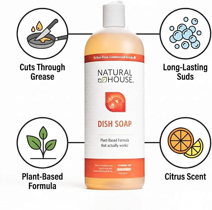 Natural House Scrubby - Plant-Based Enzyme Hand Dish Soap - Cuts Grease, Gentle on Hands - Septic-Safe, Plumbing-Friendly - Sensitive Skin Friendly - Citrus Scent - 32 oz