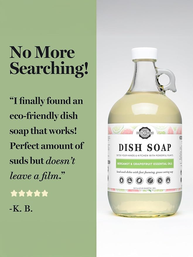 Rustic Strength Natural Dish Soap, Unscented, 64 oz Plastic | Plant-Based Concentrated Formula, Grease Cutting , Greywater and Septic Safe