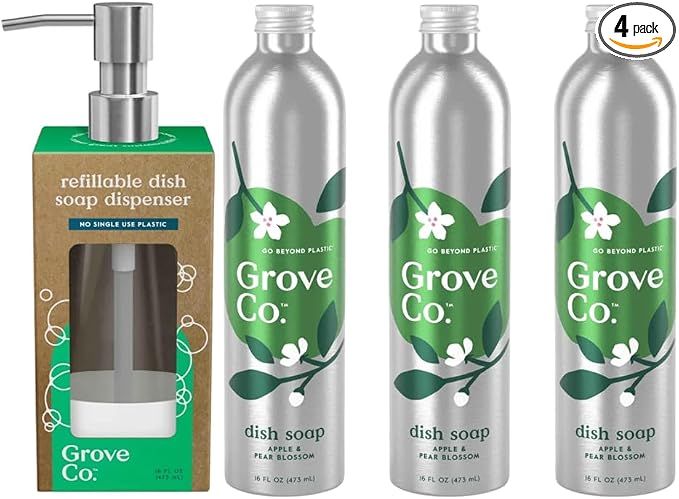 Grove Co. Dish Soap, 3 x 16 fl oz Refills + Refillable Glass Dispenser | Apple & Pear Blossom; Plastic-Free; Reusable dispenser; Refill format; Removes Stuck on Food; 98% plant-based ingredients