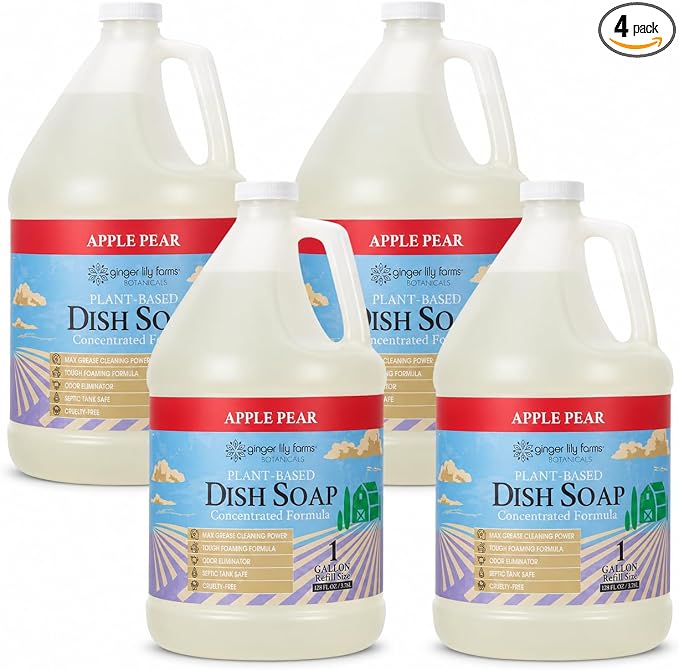 Ginger Lily Farms Botanicals Plant-Based Liquid Dish Soap, Concentrated Formula with Max Grease Cleaning Power, Cruelty-Free, Apple Pear Scent, 1 Gallon (Pack of 4)
