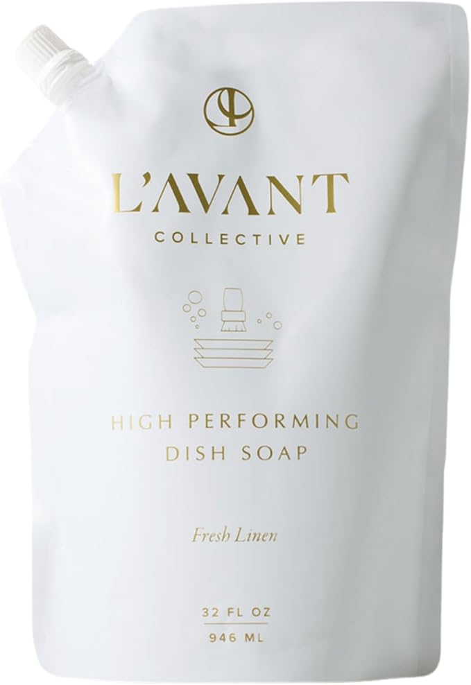 L'AVANT Dish Soap Refill, Plant-Based Grease-Cutting, Fresh Linen, 32 Fl Oz | Plant-based grease cutting, Fresh Linen fragrance, gentle on hands, non-toxic formula, refill pouch, cruelty-free, 32 fl oz