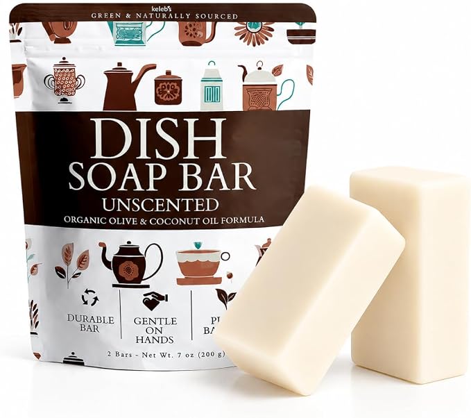 KELEBS Unscented Natural Dish Soap Bar, Organic Coconut, Non-Toxic, 2-Pack
