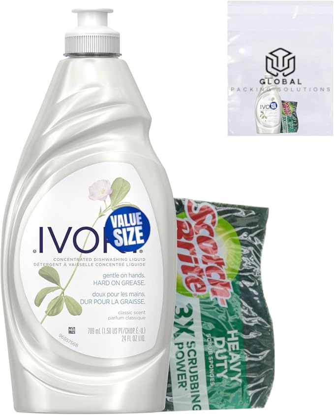 Ivory Grease Cutting Dish Soap, Classic Scent, Gentle on Hands, 24 Fl Oz bundled with Heavy Duty Scotch Brite Sponge