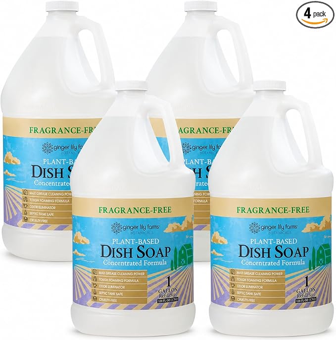 Ginger Lily Farms Botanicals Plant-Based Liquid Dish Soap, Concentrated Formula with Max Grease Cleaning Power, Cruelty-Free, Fragrance-Free, 1 Gallon Refill (128 Fl. Oz.), Clear (Pack of 4)