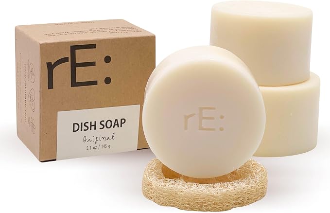 RE: REKURATOR Dishwashing Soap with Loofah Sponge – Eco-Friendly, Gentle, Plant-Based Dish Bar, No Artificial Dyes or Fragrance 3pk (Unscented), 5.1 oz