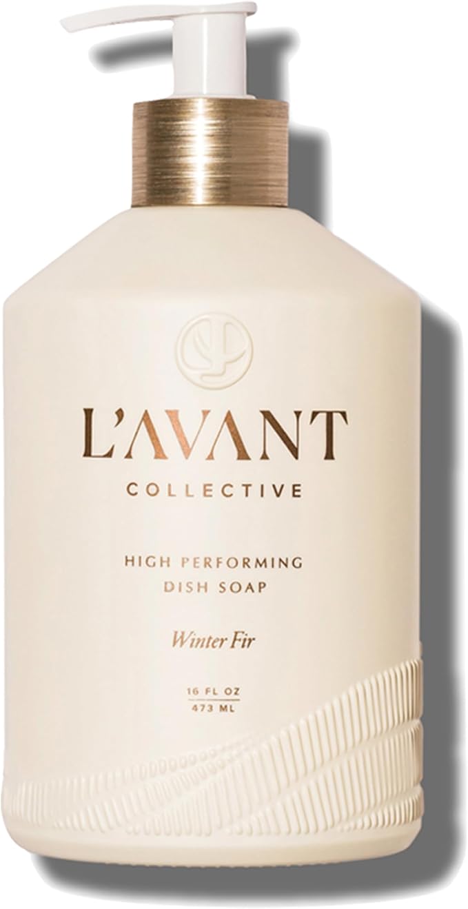 L'AVANT Natural Dish Soap, Plant-Based, Refillable Pump, Winter Fir, 16 oz | Plant-based formula, grease-cutting power, refillable glass pump bottle, gentle on hands, kid and pet safe, Winter Fir scent