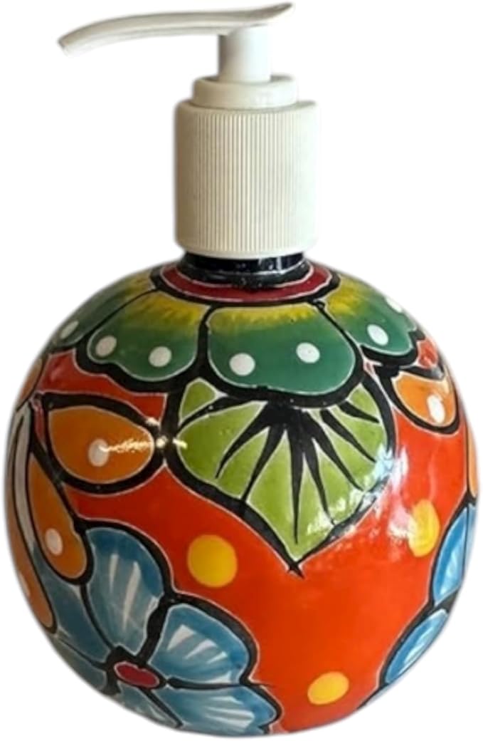 Colorful Talavera Soap Dispenser - Handcrafted Mexican Pottery for Kitchen or Bathroom Decor, 6” Tall