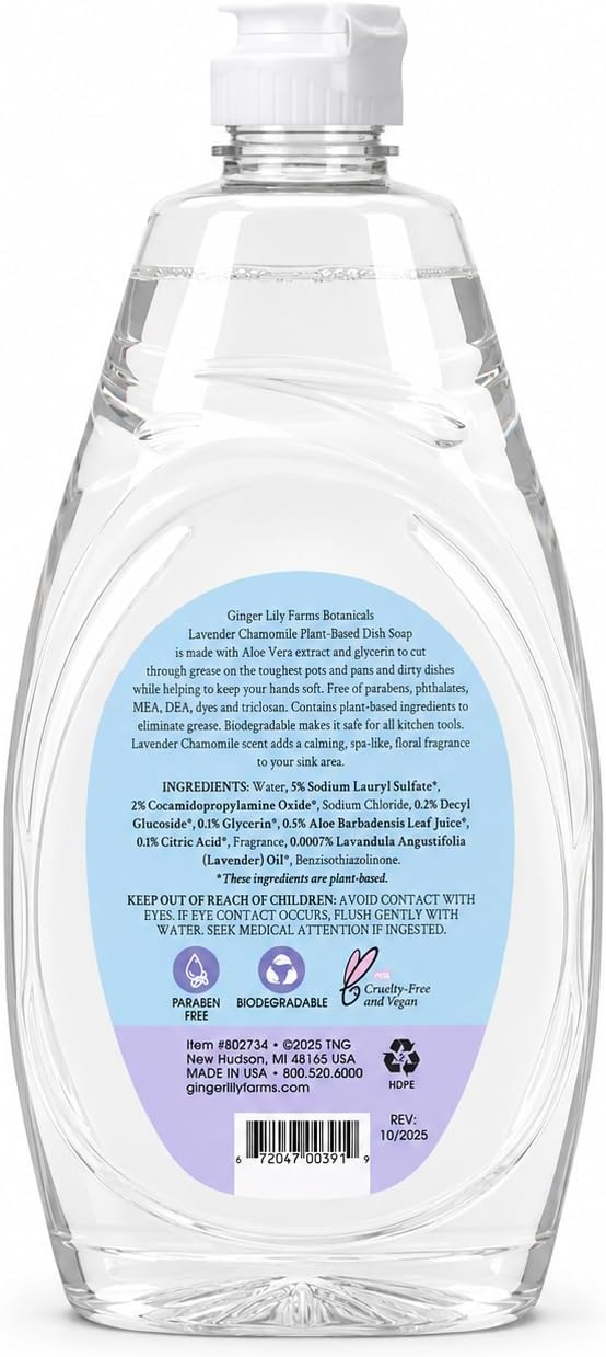 Ginger Lily Farms Botanicals Plant-Based Liquid Dish Soap, Concentrated Formula with Max Grease Cleaning Power, Cruelty-Free, Lavender Chamomile Scent, 24 Fl Oz
