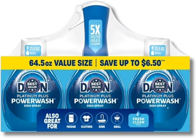 Dwn Power Dish Spray with Fresh Scent, Spray Bottle and 2 Refills, Cuts Grease on Contact, Phosphate Free, 64.5 fl oz