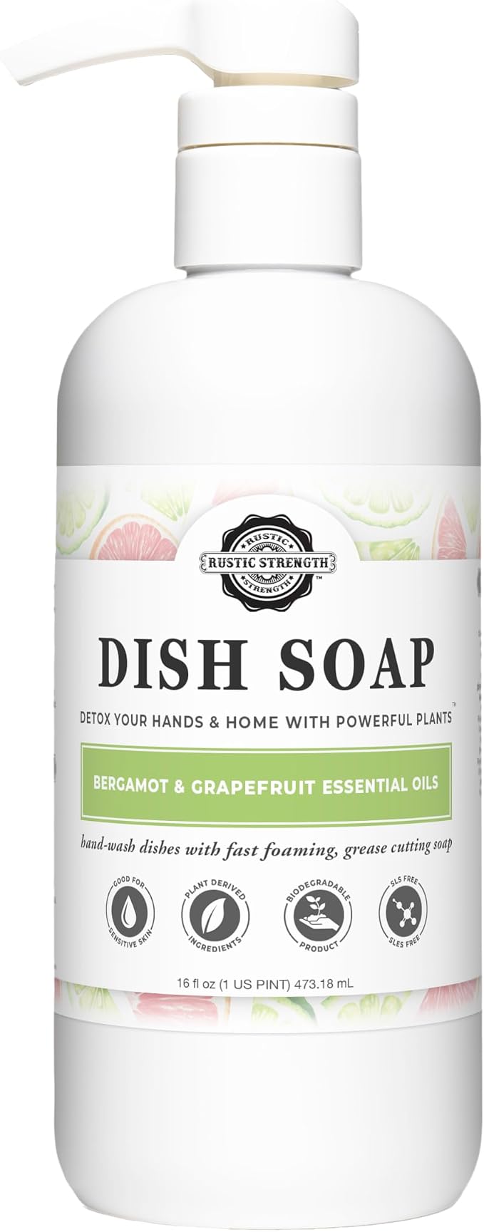 Rustic Strength Plant Based Dish Soap, Bergamot & Grapefruit Scent, 16 oz | High lathering and gentle on hands,Concentrated and biodegradable plant based formula,Cuts grease and stuck on food