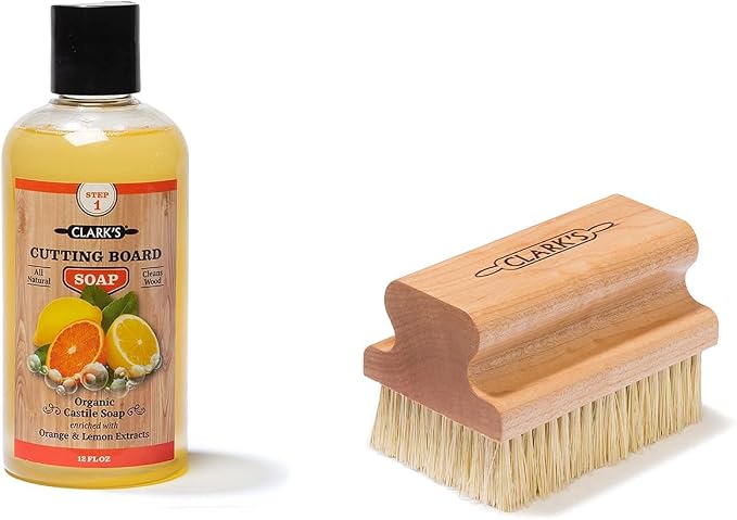 CLARK'S Cutting Board Soap and Large Scrub Brush from Clean your kitchen boards, bowls, countertops, and utensils the natural way | Castile Based