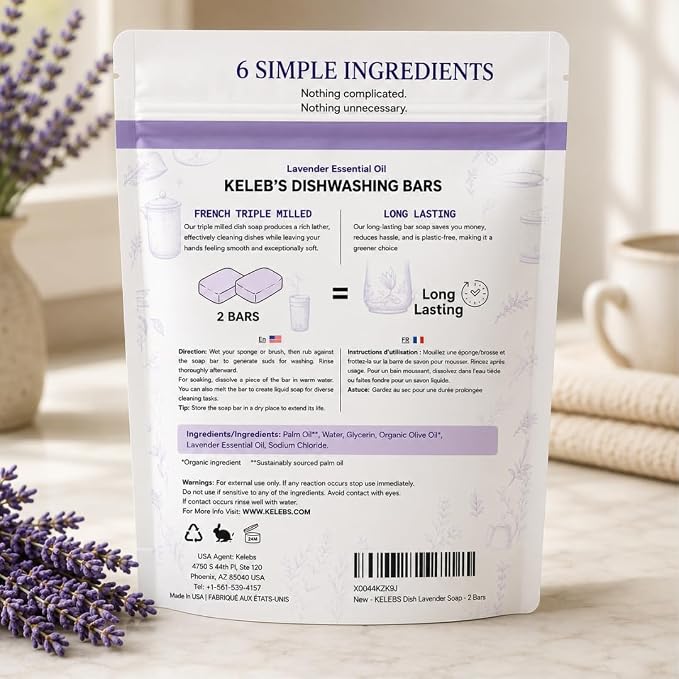 KELEBS 2 Dish Soap Bars | Lavender Essential Oil Formula | Natural & Organic Ingredients | Gentle on Hands | For Plant-Based Kitchens & Light Dishwashing | Biodegradable | No Overpour | Value Pack