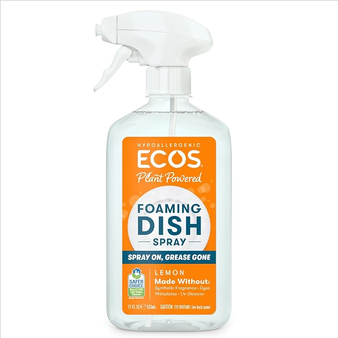 ECOS Foaming Dish Soap, Powerful Spray-On Formula, Saves Water, Wipe & Rinse Dish Cleaner - Hypoallergenic - Lemon, 17 Fl Oz (Pack of 4)