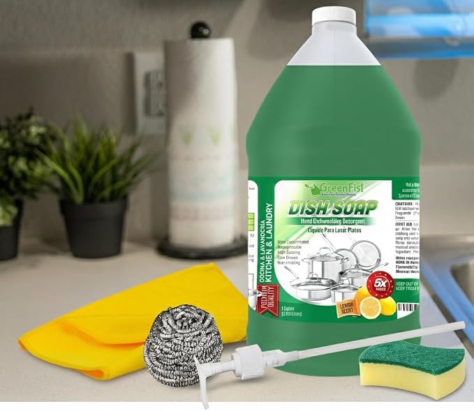 GreenFist Dish Soap Ultimate Kitchen Kit – Pump, Towel, Sponges & Scrubbers, Complete Cleaning Bundle – 1 Gallon, Lemon Scent (1 Gallon + Ultra Scrubber & Sponge)
