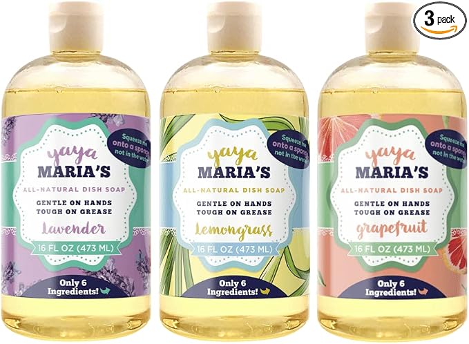 Yaya Maria's Natural Liquid Dish Soap, Only 6 Ingredients, 100% Nontoxic, Compare to Any Other Dish Soap, 3-Pack (Variety Mix)
