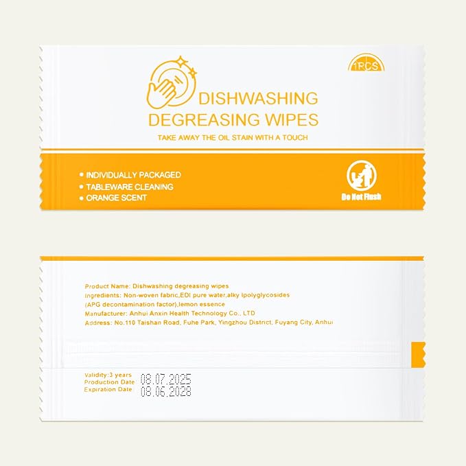 Dish Cleaning Wipes Individually Wrapped Travel Dish Soap Wipes Orange Scent 7.7”x 7.3“ Disposable Wipes Portable for Kitchen Outdoor Traveling Camping RV Quick Clean (200)