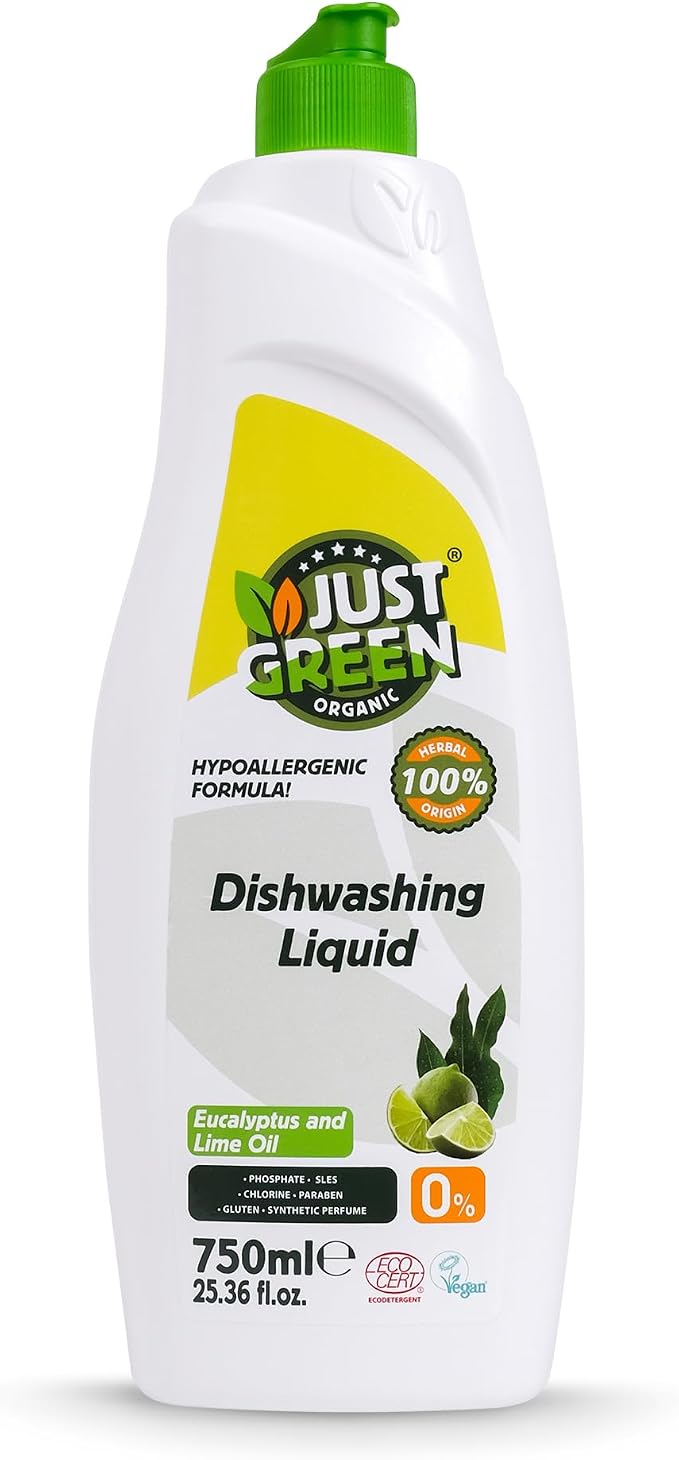 Dish Soap, Plant-Based Dishwashing Liquid, Non-Toxic, Hypoallergenic, EcoCert Certified, Vegan, Grease-Cutting, Eucalyptus & Lime Scent, 25.36 fl oz (750 ml)