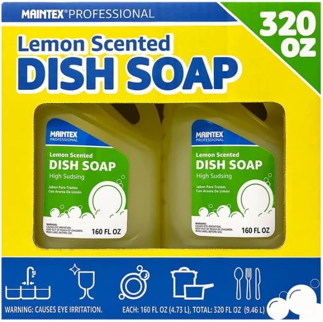 High Sudsing Liquid Dish Soap, Lemon Scent, 160 fl oz, 2 Pack – 320 fl oz Total Bulk – Concentrated Grease Cutting Formula – Industrial Strength for Kitchen & Commercial Use