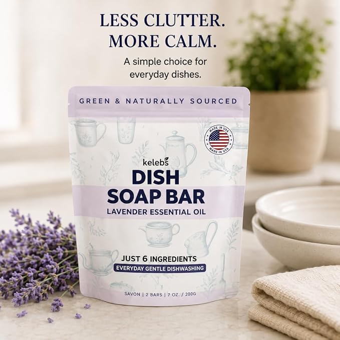 KELEBS 7 Dish Soap Bars | Lavender Essential Oil Formula | Natural & Organic Ingredients | Gentle on Hands | For Plant-Based Kitchens & Light Dishwashing | Biodegradable | No Overpour | Value Pack
