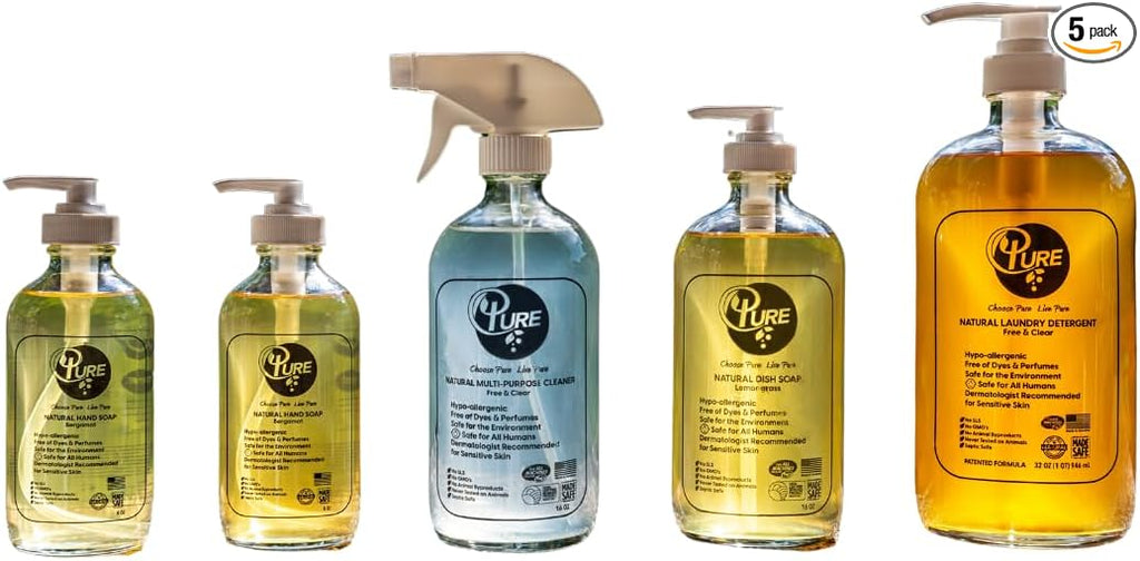 Pure Natural Cleaners Variety Pack Free & Clear Laundry Detergent, Liquid Hand Soap, Multi-Surface Cleaner, DishSoap, Plant-Based Products, Eco-Friendly, Biodegradable, Free of Harmful preservatives