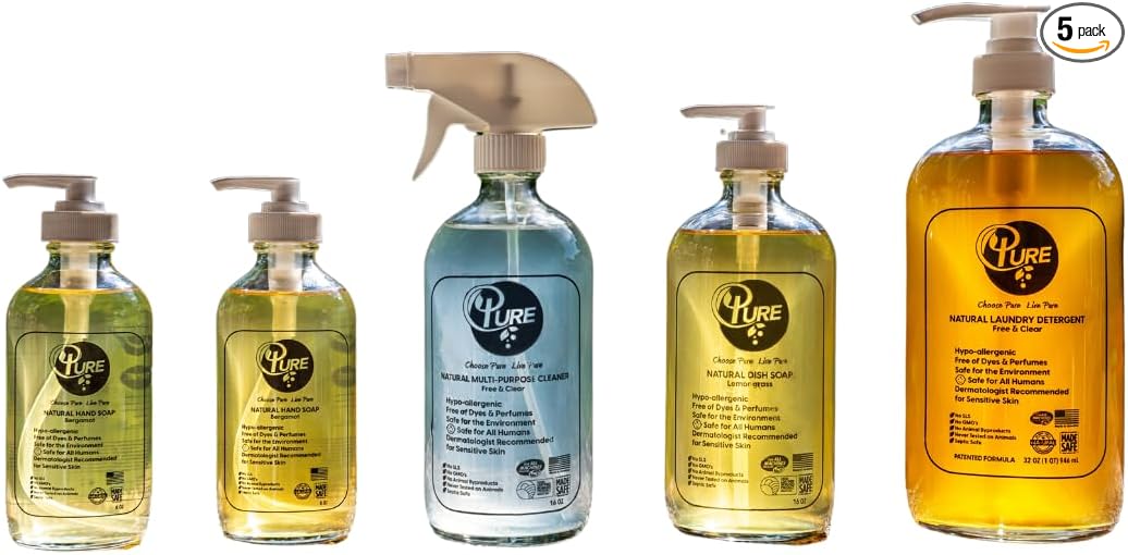 Pure Natural Cleaners Variety Pack Free & Clear Laundry Detergent, Liquid Hand Soap, Multi-Surface Cleaner, DishSoap, Plant-Based Products, Eco-Friendly, Biodegradable, Free of Harmful preservatives