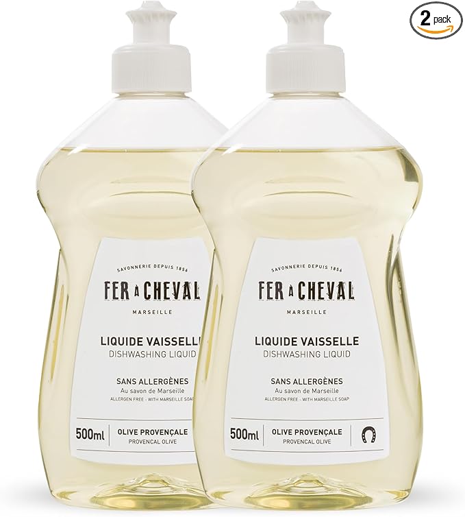 Fer à Cheval Marseille Dishwashing Soap, Allergen Free, Olive Oil Based, Made in France, Liquid Dish Soap, 2 Pack, 500 ml / 16.9 fl oz Each
