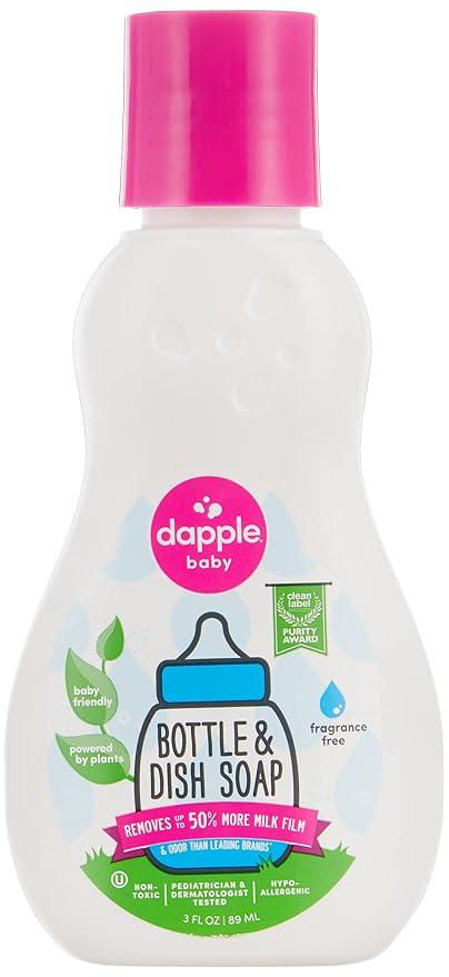 Dapple Baby Dish Bundle Includes Baby Bottle & Dish Liquid, Travel Size 3 Fl Oz and 16.9 Fl Oz Bottle, 2 ct., Fragrance-Free, Powered by Plants, Hypoallergenic