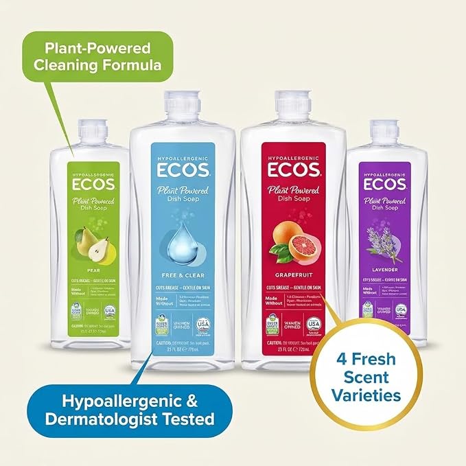 ECOS Plant Based Dish Soap Variety Pack - Natural Dishwashing Liquid Cuts Grease - Hypoallergenic for Sensitive Skin - Free & Clear, Lavender, Grapefruit, Pear - 25 Oz (4 Pack)