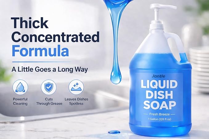 Jantle Dish Soap Bulk 1 Gallon (4 Pack) with Pumps – Liquid Dishwashing Soap Refill, Heavy Duty Grease Cleaner, Long Lasting Dish Detergent for Kitchen, Restaurant & Commercial Use