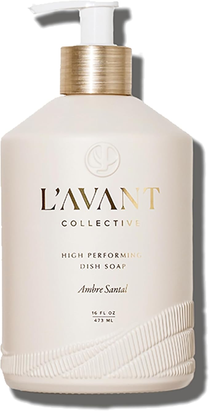 L'AVANT Plant-Based Luxury Dish Soap with Pump, Ambre Santal, 16 Fl Oz | Plant-based grease-cutting formula, refillable glass bottle with pump, gentle on hands, kid and pet safe, Ambre Santal scent