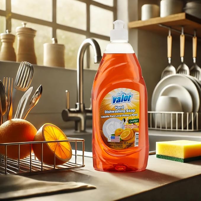 Valor Dishwashing Liquid, 25 fl oz – Dish Soap for Kitchen & Bathroom, Grease-Fighting, Gentle on Hands, Fast Rinse, Eco-Friendly Biodegradable Formula (25 fl oz (Pack of 12), Orange)