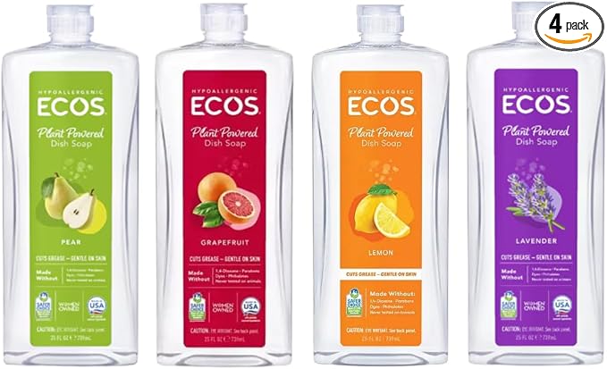 ECOS Plant Based Dish Soap Variety Pack - Natural Dishwashing Liquid Cuts Grease - Hypoallergenic for Sensitive Skin - Free & Clear, Lavender, Grapefruit, Pear - 25 Oz (4 Pack)