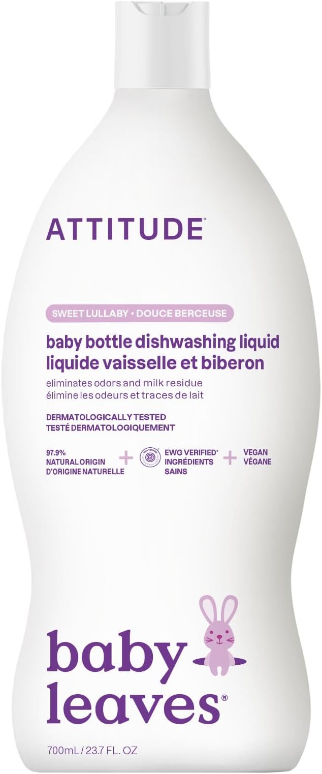 ATTITUDE Baby Bottle & Dish Soap, EWG Verified Bottle Cleaner, Dye Free, Removes Milk Residue & Grease, Vegan, Sweet Lullaby, 23.7 Fl Oz