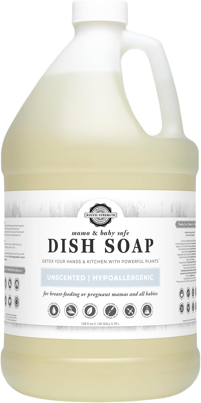 Rustic Strength Natural Dish Soap, Unscented, 1 Gallon Plastic | Gentle on All Skin, Concentrated and fragrance free, Biodegradable Plant-Based Formula