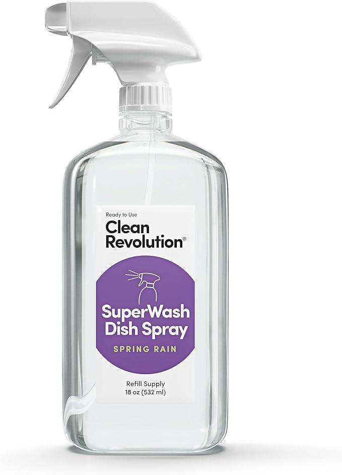 Clean Revolution SuperWash Dish Spray | Starter Kit | Includes 18oz Refillable Trigger Spray Bottle + 64oz Refill Supply | 82oz Total | Compatible with Dawn Powerwash Sprayers | Spring Rain Fragrance