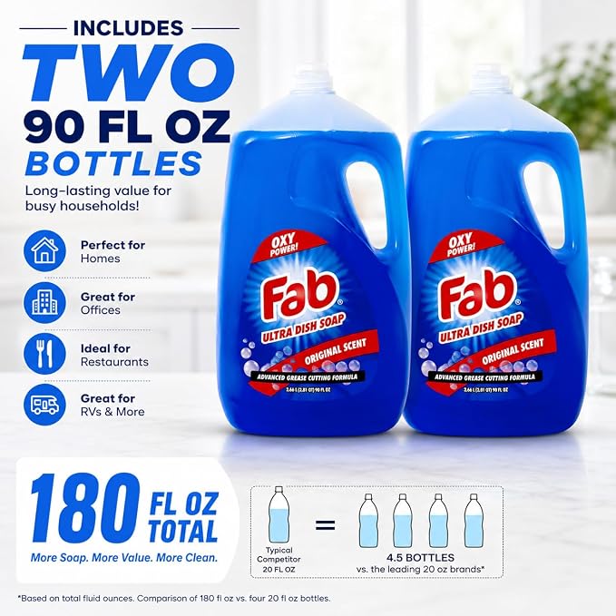 La's Totally Awesome Fab Liquid Dish Soap, Original Scent, 90 fl oz (Pack of 2) | Powerful Grease-Cutting Dishwashing Liquid, Gentle on Hands, Dish Detergent for Pots, Pans, Glassware & Cookware
