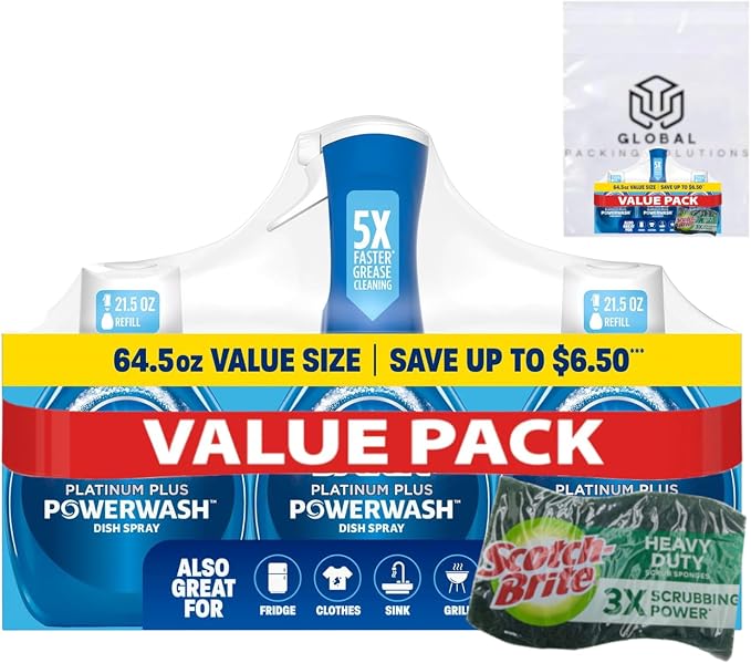 Dawn Platinum Powerwash Dish Spray & Dish Soap Refill Set, Fresh Scent 1 spray + 2 refills, 64.5 Fl Oz Total bundled with Heavy Duty Scotch Brite Sponge