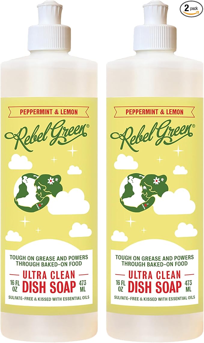 Rebel Green Ultra Clean Dish Soap, Plant-Derived Dishwashing Soap | Liquid Dish Soap for Grease and Tough Messes, No Harsh Chemicals, Peppermint & Lemon Scent, 16 fl oz, 2 Pack