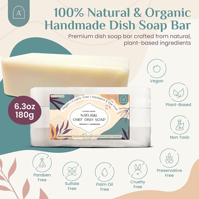 Natural Dish Soap Bar, Cleaning Dishes Solid Block for Kitchen - Organic Biodegradable Dishwashing, only 5 Ingredients, Gentle on Hands - Citrus Scent (3 Pack, 19oz)