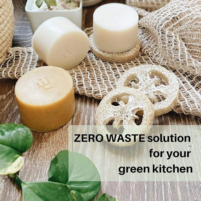 RE: REKURATOR Dishwashing Soap with Loofah Sponge – Eco-Friendly, Gentle, Plant-Based Dish Bar, No Artificial Dyes or Fragrance (Citrus Scented), 5.1 oz