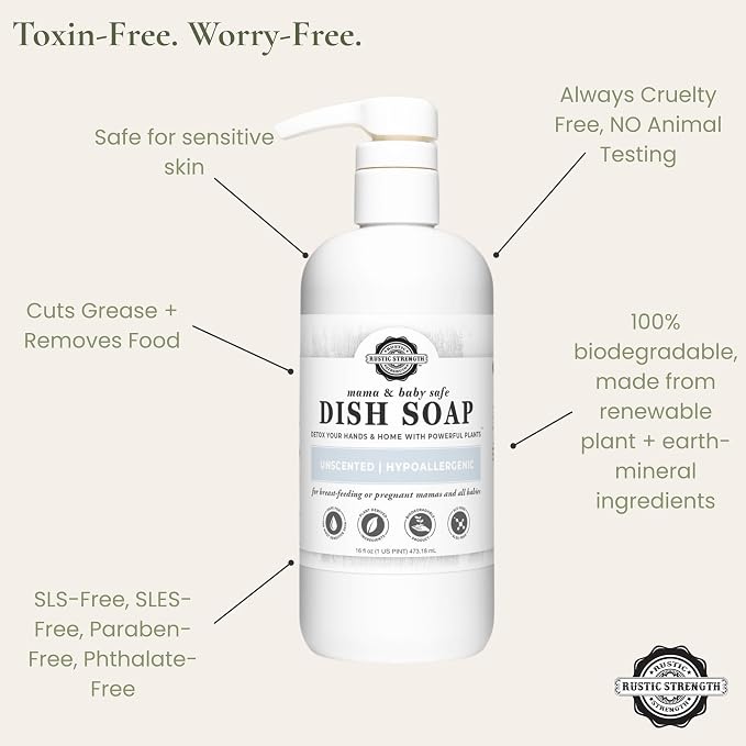 Rustic Strength Natural Dish Soap, Mama + Baby, Unscented 16 oz | Concentrated and High Lathering, Plant-Based Formula,Tough on Grease,Gentle on Hands