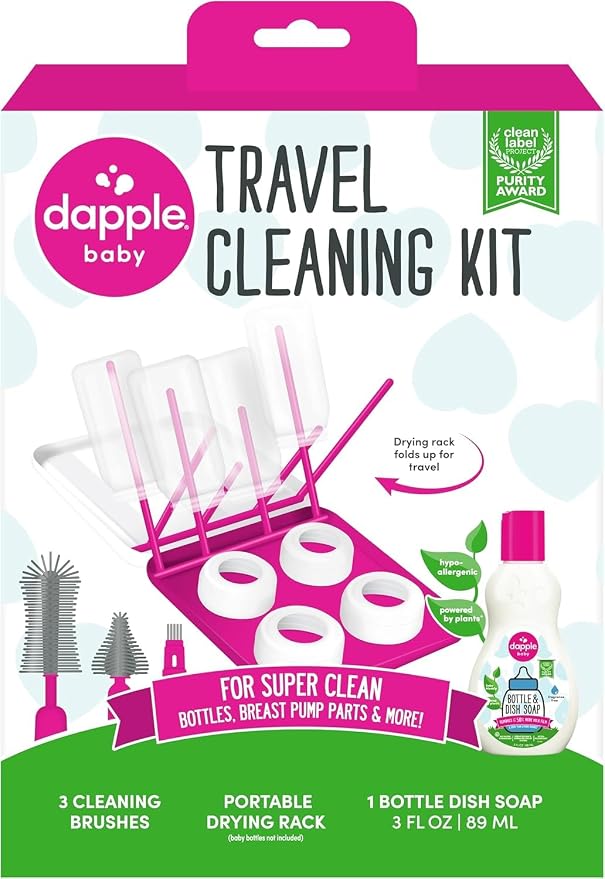 Dapple Baby Travel Cleaning Kit - 5 Piece- Baby Bottle & Dish Soap, Bottle Brushes, and Drying Rack - Newborn Essentials